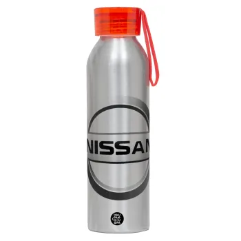 nissan, Αλουμινένιο Αθλητικό Μπουκάλι 650ml – Ασημί με Κόκκινο Καπάκι και Λουράκι Σιλικόνης