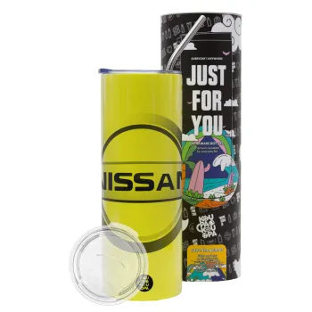 nissan, Neon Yellow Travel Tumbler θερμό, μεταλλικό καλαμάκι(Ανωξείδωτο 304 Food grade, BPA free, 600ml)