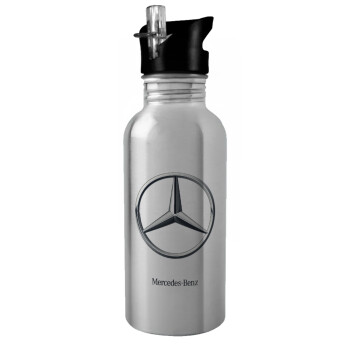 mercedes, Water bottle Silver with straw, stainless steel 600ml