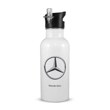mercedes, White water bottle with straw, stainless steel 600ml