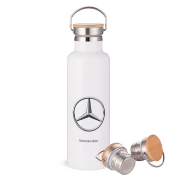 mercedes, Stainless steel White with wooden lid (bamboo), double wall, 750ml