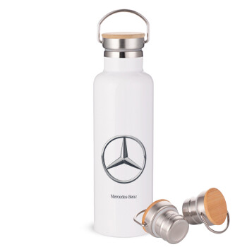 mercedes, Μεταλλικό παγούρι θερμός (Stainless steel) Λευκό με ξύλινο καπάκι (bamboo), διπλού τοιχώματος, 750ml