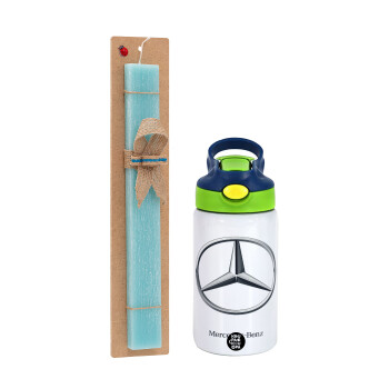 mercedes, Easter Set, Children's thermal stainless steel bottle with safety straw, green/blue (350ml) & aromatic flat Easter candle (30cm) (TURQUOISE)