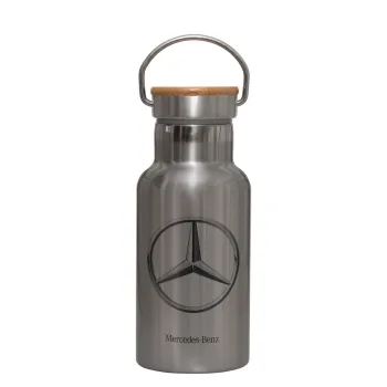 mercedes, Μεταλλικό παγούρι θερμός (Stainless steel) Ασημένιο με ξύλινο καπακι (bamboo), διπλού τοιχώματος, 350ml