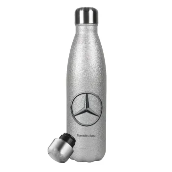 mercedes, Μεταλλικό παγούρι θερμός Glitter Aσημένιο (Stainless steel), διπλού τοιχώματος, 500ml