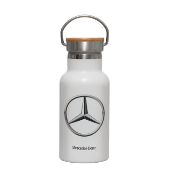 mercedes, Μεταλλικό παγούρι θερμός (Stainless steel) Λευκό με ξύλινο καπακι (bamboo), διπλού τοιχώματος, 350ml