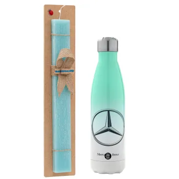 mercedes, Easter Set, Metallic green/white thermos (Stainless steel), double-walled, 500ml & scented flat Easter candle (30cm) (TURQUOISE)