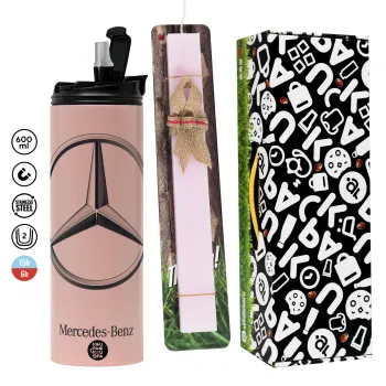 mercedes, Easter candle,Travel Tumbler 2 Lids, with metal straw & cleaning brush & aromatic flat candle (30cm) (PINK)