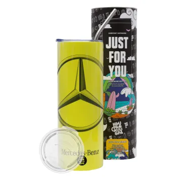 mercedes, Neon Yellow Travel Tumbler θερμό, μεταλλικό καλαμάκι(Ανωξείδωτο 304 Food grade, BPA free, 600ml)