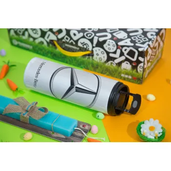 mercedes, Easter candle,Travel Tumbler 2 Lids, with metal straw & cleaning brush & aromatic flat candle (30cm) (BLUE)