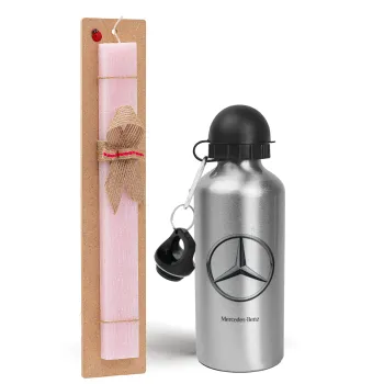 mercedes, Easter Set, metallic Silver aluminum water bottle (500ml) & scented flat Easter candle (30cm) (PINK)