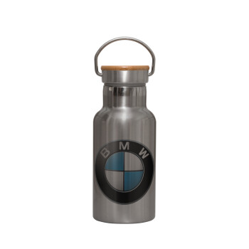 BMW, Μεταλλικό παγούρι θερμός (Stainless steel) Ασημένιο με ξύλινο καπακι (bamboo), διπλού τοιχώματος, 350ml