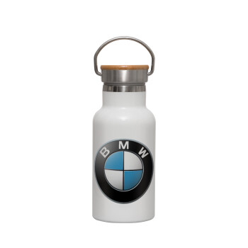 BMW, Μεταλλικό παγούρι θερμός (Stainless steel) Λευκό με ξύλινο καπακι (bamboo), διπλού τοιχώματος, 350ml