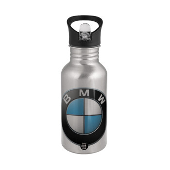BMW, Water bottle Silver with straw, stainless steel 500ml