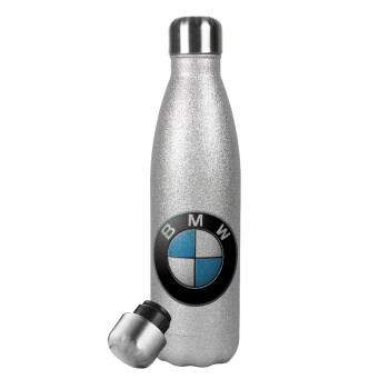 BMW, Μεταλλικό παγούρι θερμός Glitter Aσημένιο (Stainless steel), διπλού τοιχώματος, 500ml