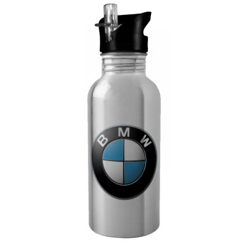 BMW, Water bottle Silver with straw, stainless steel 600ml