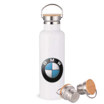 BMW, Μεταλλικό παγούρι θερμός (Stainless steel) Λευκό με ξύλινο καπακι (bamboo), διπλού τοιχώματος, 750ml