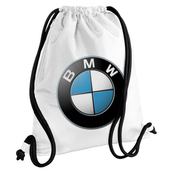 BMW, Τσάντα πλάτης πουγκί GYMBAG λευκή, με τσέπη (40x48cm) & χονδρά κορδόνια