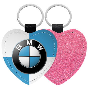 BMW, Μπρελόκ PU δερμάτινο glitter καρδιά ΡΟΖ