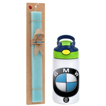 BMW, Πασχαλινό Σετ, Παιδικό παγούρι θερμό, ανοξείδωτο, με καλαμάκι ασφαλείας, πράσινο/μπλε (350ml) & πασχαλινή λαμπάδα αρωματική πλακέ (30cm) (ΤΙΡΚΟΥΑΖ)