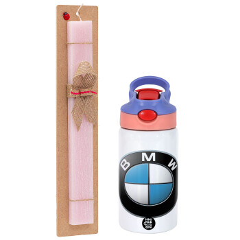 BMW, Πασχαλινό Σετ, Παιδικό παγούρι θερμό, ανοξείδωτο, με καλαμάκι ασφαλείας, ροζ/μωβ (350ml) & πασχαλινή λαμπάδα αρωματική πλακέ (30cm) (ΡΟΖ)