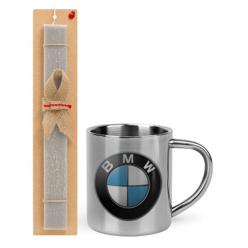 BMW, Πασχαλινό Σετ, μεταλλική κούπα θερμό (300ml) & πασχαλινή λαμπάδα αρωματική πλακέ (30cm) (ΓΚΡΙ)