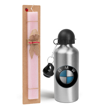 BMW, Πασχαλινό Σετ, παγούρι μεταλλικό Ασημένιο αλουμινίου (500ml) & πασχαλινή λαμπάδα αρωματική πλακέ (30cm) (ΡΟΖ)
