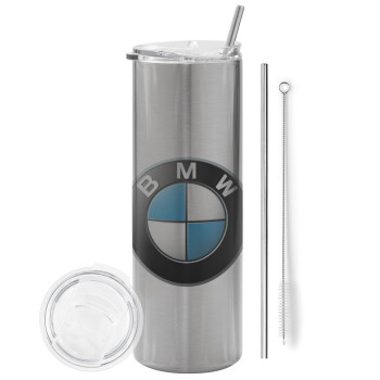 BMW, Eco friendly ποτήρι θερμό Ασημένιο (tumbler) από ανοξείδωτο ατσάλι 600ml, με μεταλλικό καλαμάκι & βούρτσα καθαρισμού
