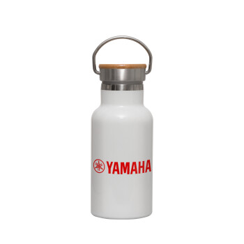 Yamaha, Μεταλλικό παγούρι θερμός (Stainless steel) Λευκό με ξύλινο καπακι (bamboo), διπλού τοιχώματος, 350ml