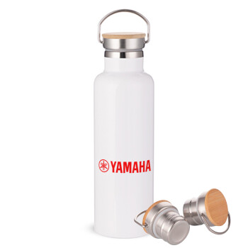 Yamaha, Μεταλλικό παγούρι θερμός (Stainless steel) Λευκό με ξύλινο καπάκι (bamboo), διπλού τοιχώματος, 750ml