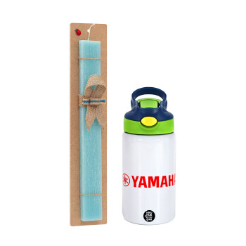 Yamaha, Easter Set, Children's thermal stainless steel bottle with safety straw, green/blue (350ml) & aromatic flat Easter candle (30cm) (TURQUOISE)