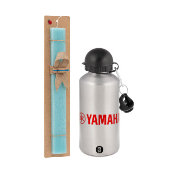 Yamaha, Easter Set, metallic silver aluminum water bottle (500ml) & scented flat Easter candle (30cm) (TURQUOISE)