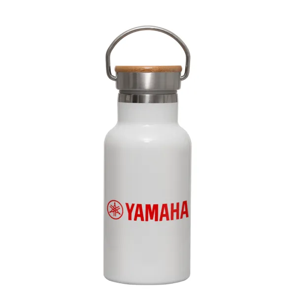 Yamaha — Metallic thermos (Stainless steel) White with wooden lid (bamboo), double-walled, 350ml