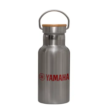 Yamaha, Μεταλλικό παγούρι θερμός (Stainless steel) Ασημένιο με ξύλινο καπακι (bamboo), διπλού τοιχώματος, 350ml