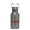 Stainless steel metallic thermos flask, silver with a bamboo lid, double-walled, 350ml.