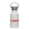 Metallic thermos (Stainless steel) White with wooden lid (bamboo), double-walled, 350ml