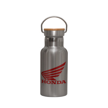 Honda, Μεταλλικό παγούρι θερμός (Stainless steel) Ασημένιο με ξύλινο καπακι (bamboo), διπλού τοιχώματος, 350ml