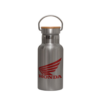 Honda, Stainless steel metallic thermos flask, silver with a bamboo lid, double-walled, 350ml.