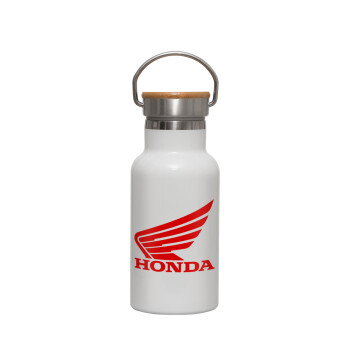 Honda, Μεταλλικό παγούρι θερμός (Stainless steel) Λευκό με ξύλινο καπακι (bamboo), διπλού τοιχώματος, 350ml