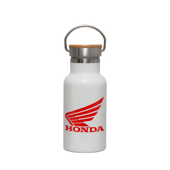 Honda, Metallic thermos (Stainless steel) White with wooden lid (bamboo), double-walled, 350ml
