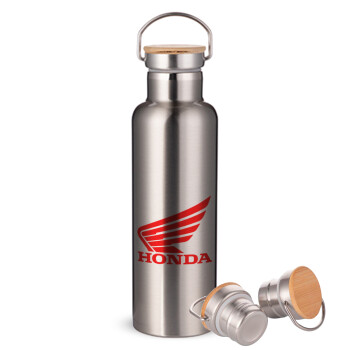 Honda, Stainless steel Silver with wooden lid (bamboo), double wall, 750ml