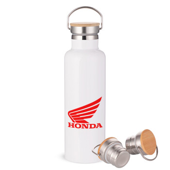 Honda, Μεταλλικό παγούρι θερμός (Stainless steel) Λευκό με ξύλινο καπακι (bamboo), διπλού τοιχώματος, 750ml