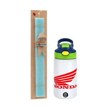 Honda, Easter Set, Children's thermal stainless steel bottle with safety straw, green/blue (350ml) & aromatic flat Easter candle (30cm) (TURQUOISE)