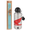 Easter Set, metallic silver aluminum water bottle (500ml) & scented flat Easter candle (30cm) (TURQUOISE)