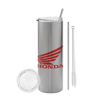 Honda, Eco friendly ποτήρι θερμό Ασημένιο (tumbler) από ανοξείδωτο ατσάλι 600ml, με μεταλλικό καλαμάκι & βούρτσα καθαρισμού
