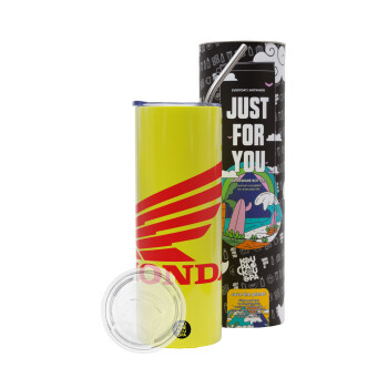 Honda, Neon Yellow Travel Tumbler θερμό, μεταλλικό καλαμάκι(Ανωξείδωτο 304 Food grade, BPA free, 600ml)