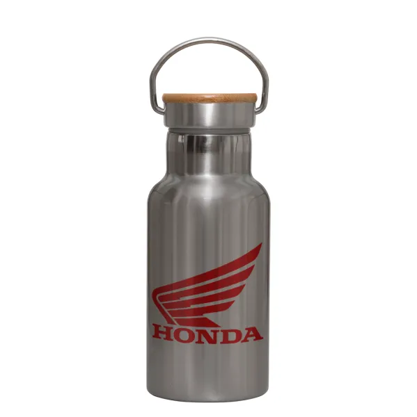 Honda — Stainless steel metallic thermos flask, silver with a bamboo lid, double-walled, 350ml.