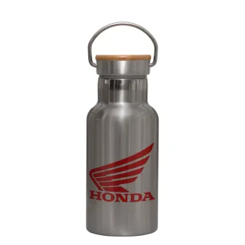 Honda, Μεταλλικό παγούρι θερμός (Stainless steel) Ασημένιο με ξύλινο καπακι (bamboo), διπλού τοιχώματος, 350ml