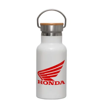 Honda, Μεταλλικό παγούρι θερμός (Stainless steel) Λευκό με ξύλινο καπακι (bamboo), διπλού τοιχώματος, 350ml