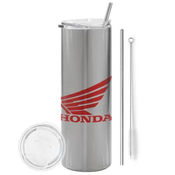 Honda, Tumbler ποτήρι θερμό Ασημένιο από ανοξείδωτο ατσάλι 600ml, με μεταλλικό καλαμάκι & βούρτσα καθαρισμού